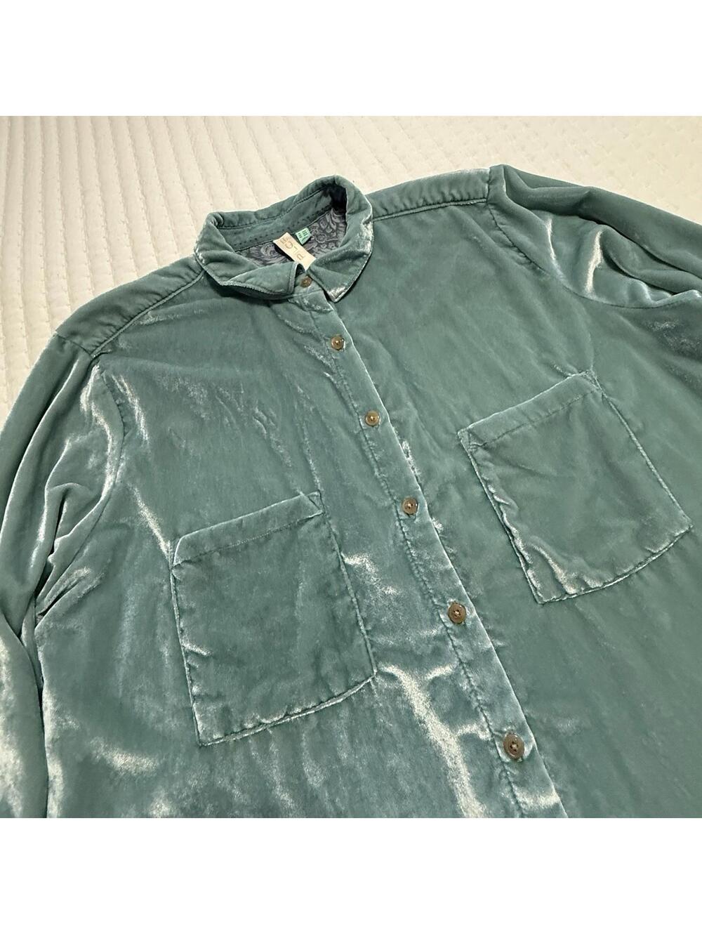 Anthropologie Pilcro Mara Relaxed Velvet Button Down Shirt Top Teal Blue Sz 20W - Picture 13 of 15